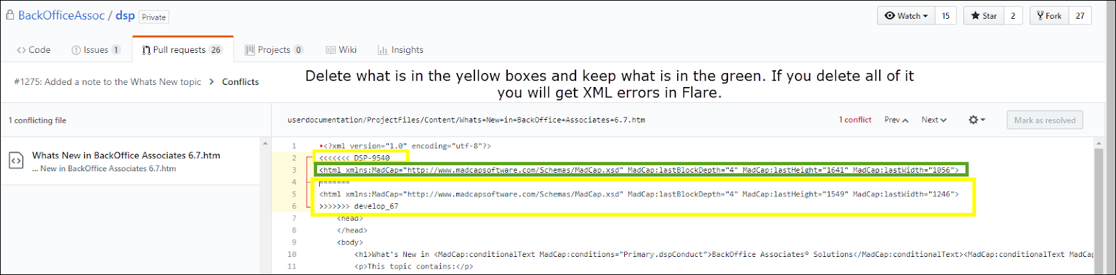 What to delete when solving merge conflicts in GitHub