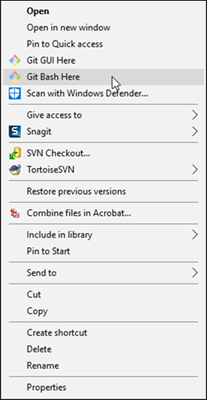 Right-click menu with Git Bash Here option